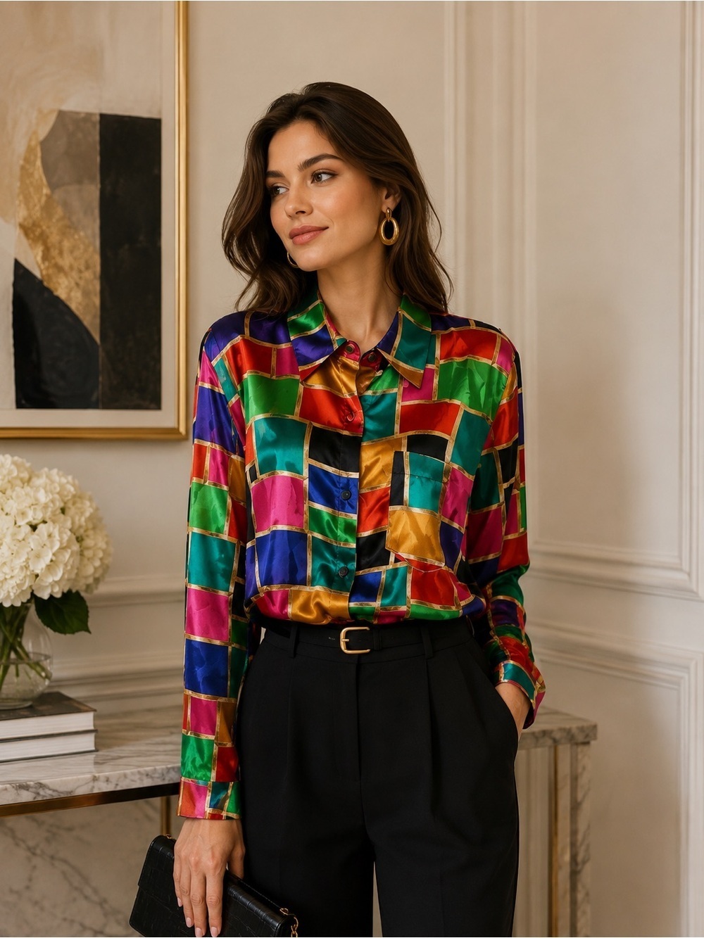 ⭐️Host Pick⭐️VINTAGE-K.C studio Women’s satin colour block button up shirts